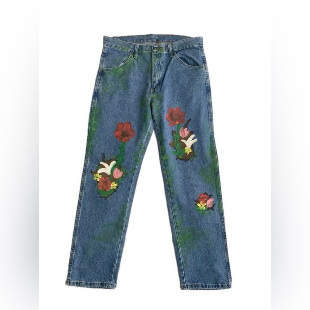Floral Painted Blue Jeans